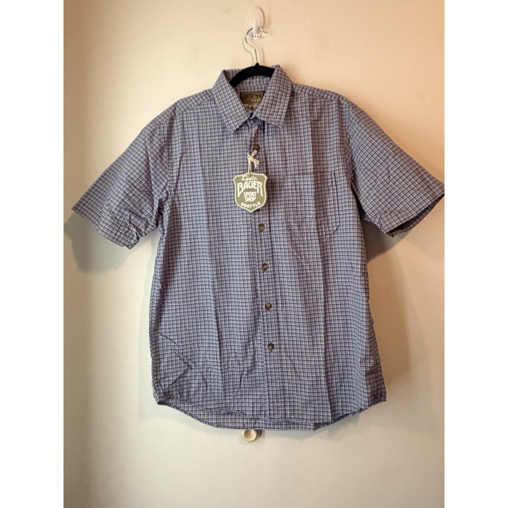 Eddie Bauer Sport Shop Short Sleeve Button Down Blue Gingham Check Mens Medium